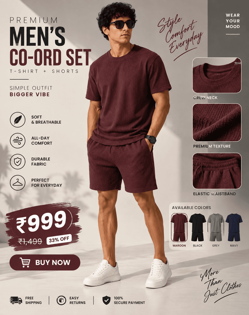 Yonge Men's Half Sleeves Casual Wear Solid Round Neck Cord Set