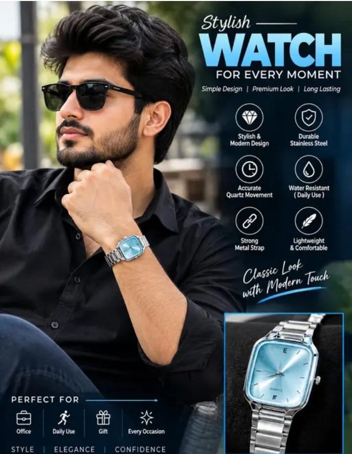 Men's Square Dial Watch with Stainless Steel Strap RKVEUOX